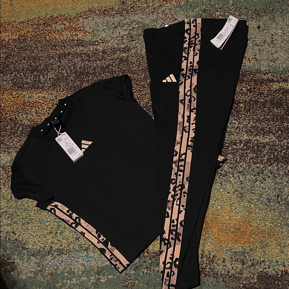 Adidas Black Tee with Tan Accents pants suits - Picture 1 of 5